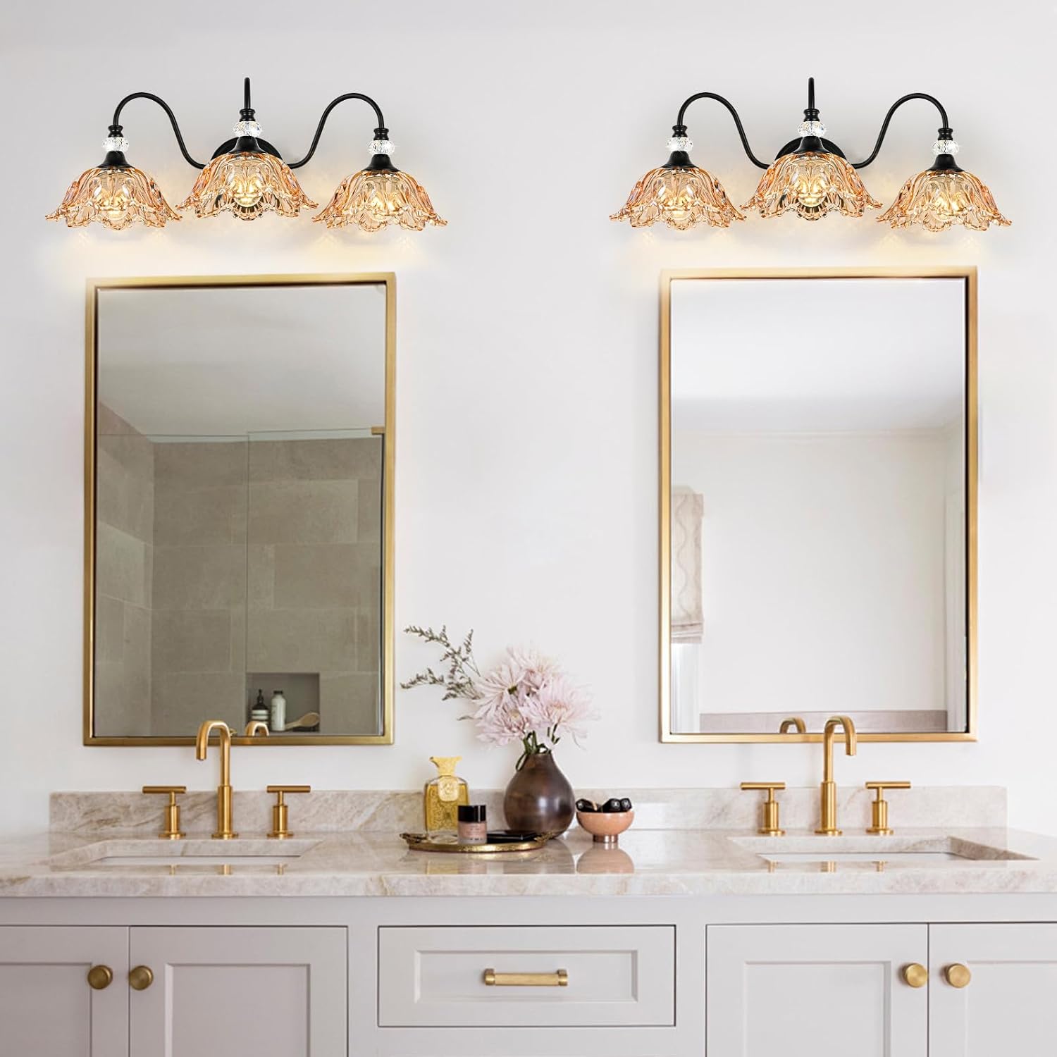 Black Bathroom Vanity Light,3-Light Vanity Light with Floral Amber Glass Shades,Vintage Farmhouse Wall Mount Lighting for Bathroom, Dressing Table