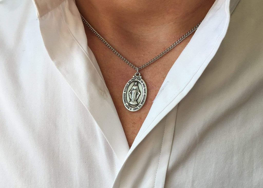 Heartland Store Oval Sterling Silver Miraculous Medal Necklace for Men - Tarnish Resistant, Handcrafted in the USA - Meaningful Religious Pendant- Ideal Present- 24-Inch Endless Rhodium Chain