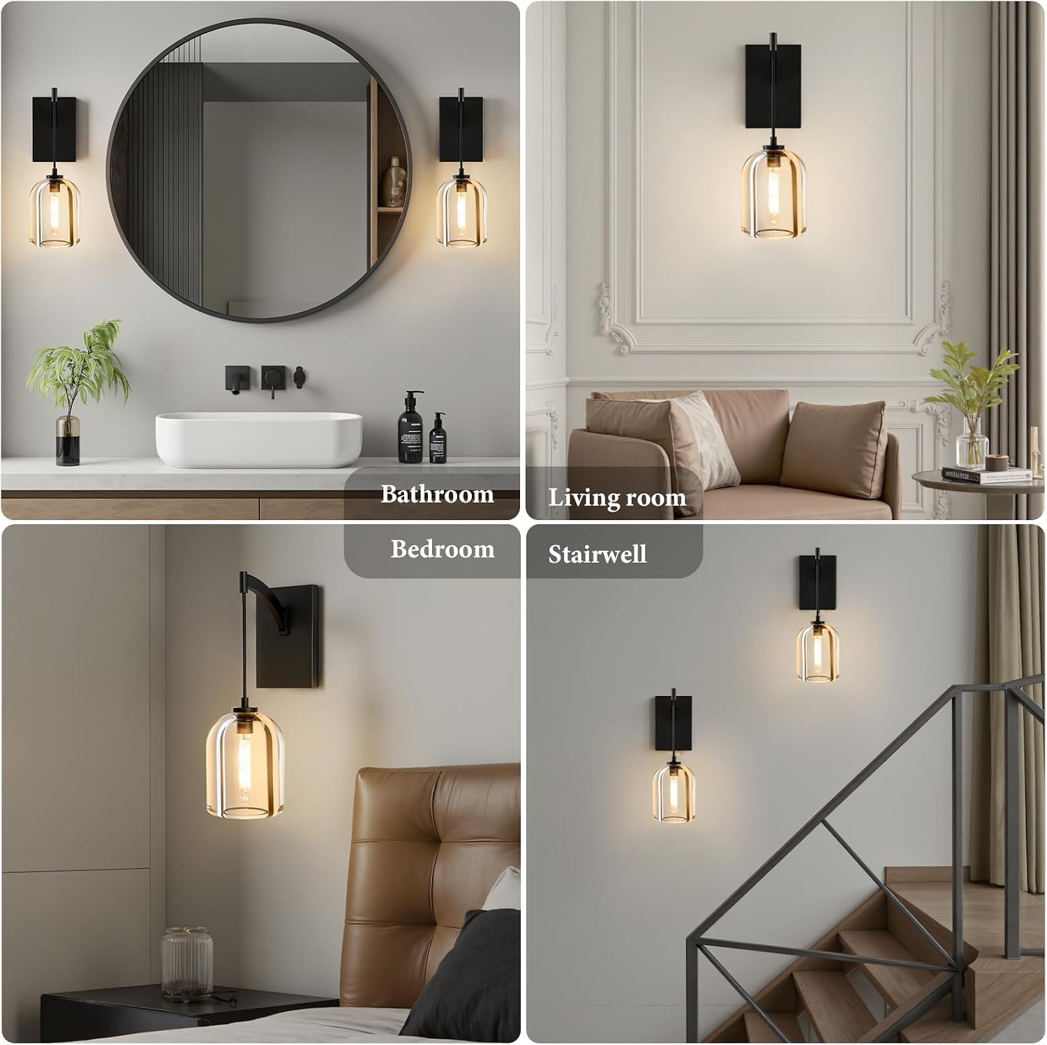 Crystal Brass Hemisphere Wall Sconce - Set of 2 Black Brushed Dimmable Sconces with Bulbs - Modern Hanging Light Decor - Luxury Indoor Lighting Fixture for Bedroom Living Room Bathroom Vanity Hallway