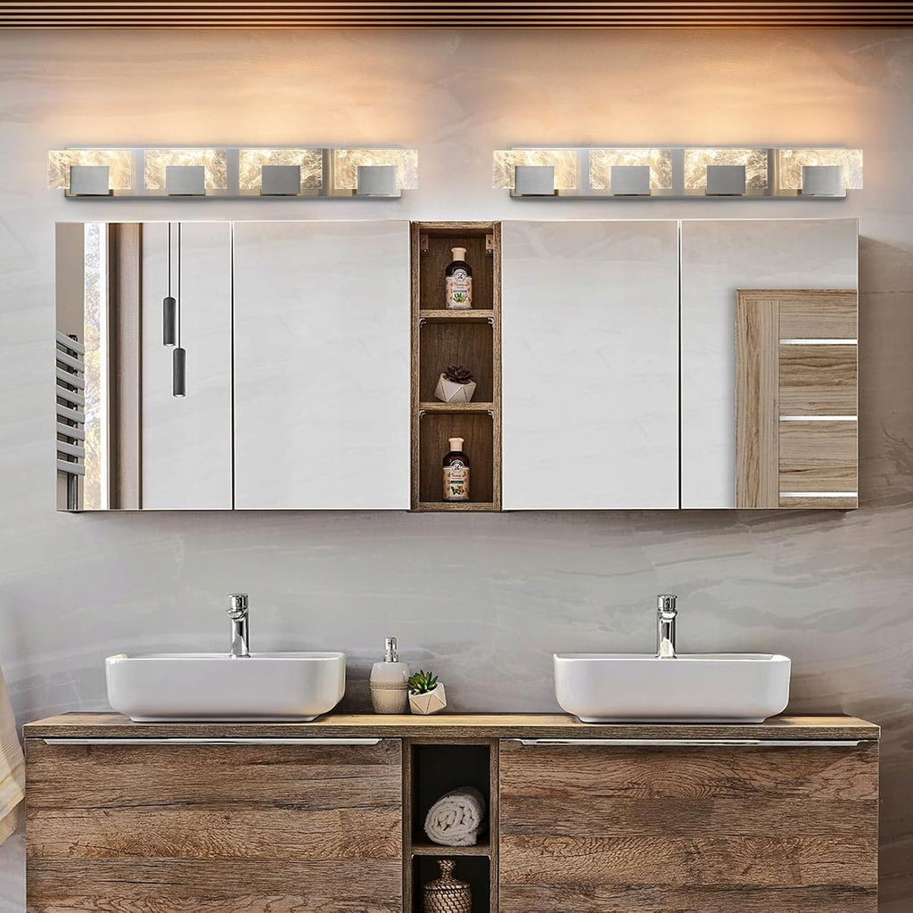 LED Bathroom Vanity Light: 32 Inch Brushed Nickel Acrylic Modern Lighting Fixtures - 4-Lights Contemporary Smoke Design Wall Lights Fixture Over Mirror 3000K