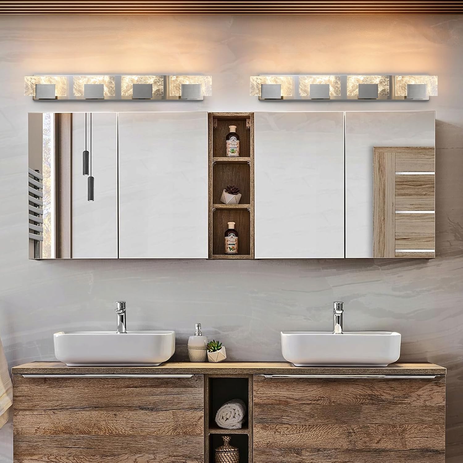 LED Bathroom Vanity Light: 32 Inch Brushed Nickel Acrylic Modern Lighting Fixtures - 4-Lights Contemporary Smoke Design Wall Lights Fixture Over Mirror 3000K