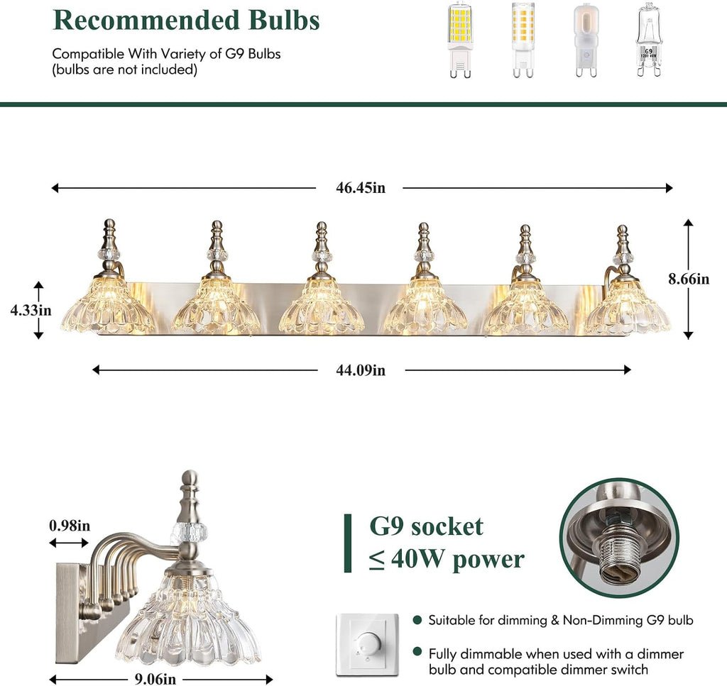 Vintage Bathroom Vanity Light, 6-Light Brushed Nickel Vanity Lighting Fixture with Flower Glass Shade, Bathroom Lighting Fixtures Over Mirror