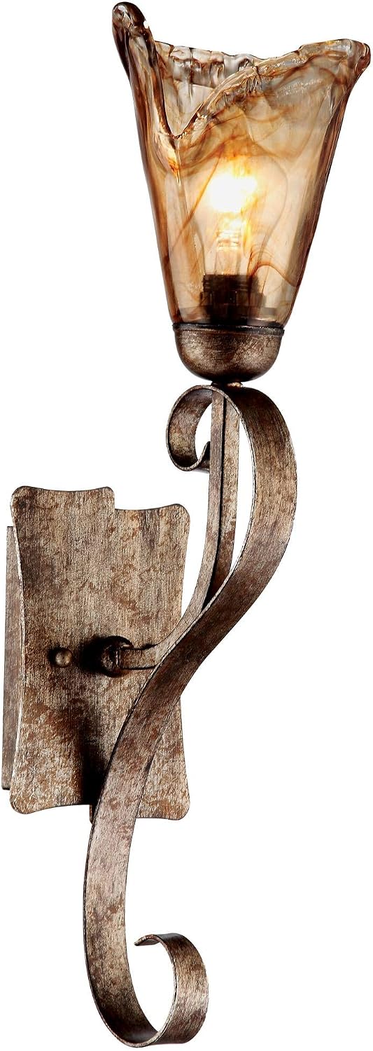 Franklin Iron Works Amber Scroll Rustic Wall Sconce Lighting Golden Bronze Metal Hardwired 23 1/2' High Fixture Amber Art Glass Cottage Core Decor for Bedroom Bathroom Bedside Home (Colors May Vary)