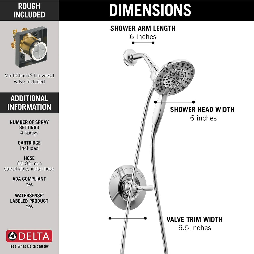 Delta Arvo 14 Series Chrome Shower Faucet Set with In2ition 2-in-1 Dual Shower Head with HandHeld Spray Combo, Valve Trim Kit, Chrome 142840-I (Valve Included)