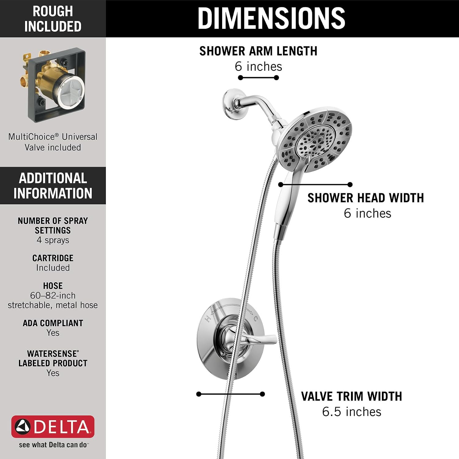 Delta Arvo 14 Series Chrome Shower Faucet Set with In2ition 2-in-1 Dual Shower Head with HandHeld Spray Combo, Valve Trim Kit, Chrome 142840-I (Valve Included)