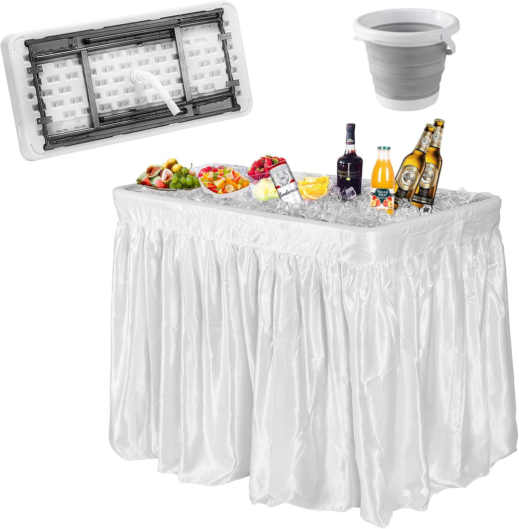 COSTWAY 4FT Cooler Table, Folding Ice Table for Parties with Drain & Bucket & Removable Skirt, Ideal for Tailgate, BBQ & Picnic