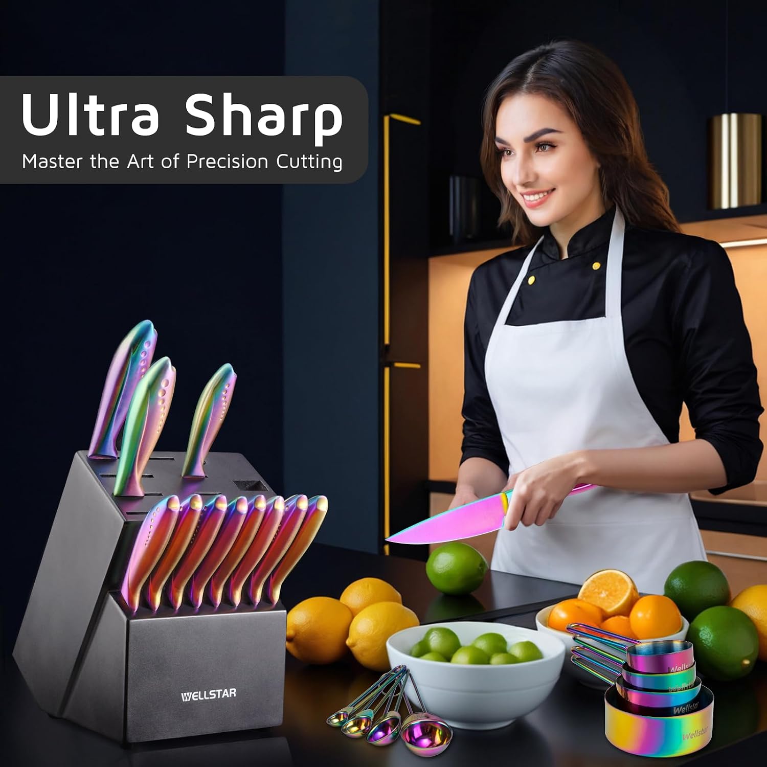 Rainbow Knife Block Set 27-Piece, Iridescent German Stainless Steel Kitchen Knives Set with Wooden Holder, Colorful Titanium Coating, Include Scissors and 2-Stage Built-in Sharpener and 8pcs Gadgets