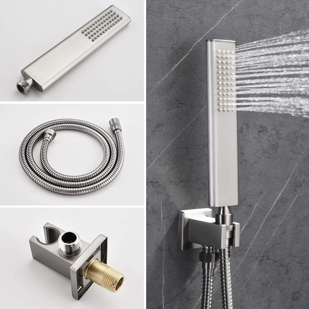 Iriber Ceiling Mount Rain Shower System with Shower Head and Handheld Bathroom Shower Set Contain Shower Faucet Mixer and Trim Kit (Valve Included) (Brushed Nickel)