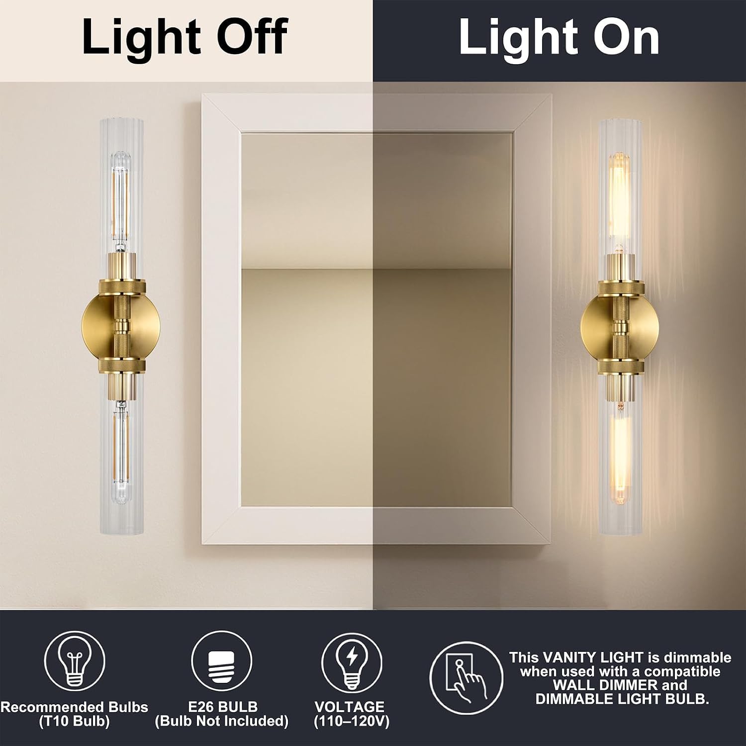 LaLuLa 2-Light Gold Bathroom Vanity Light Fixtures 2-Pack – Hardwired Wall Sconces with Rippled Glass Shades and Textured Metal Frame, Modern Vanity Lighting for Mirror, Bedroom, or Hallway, 25'