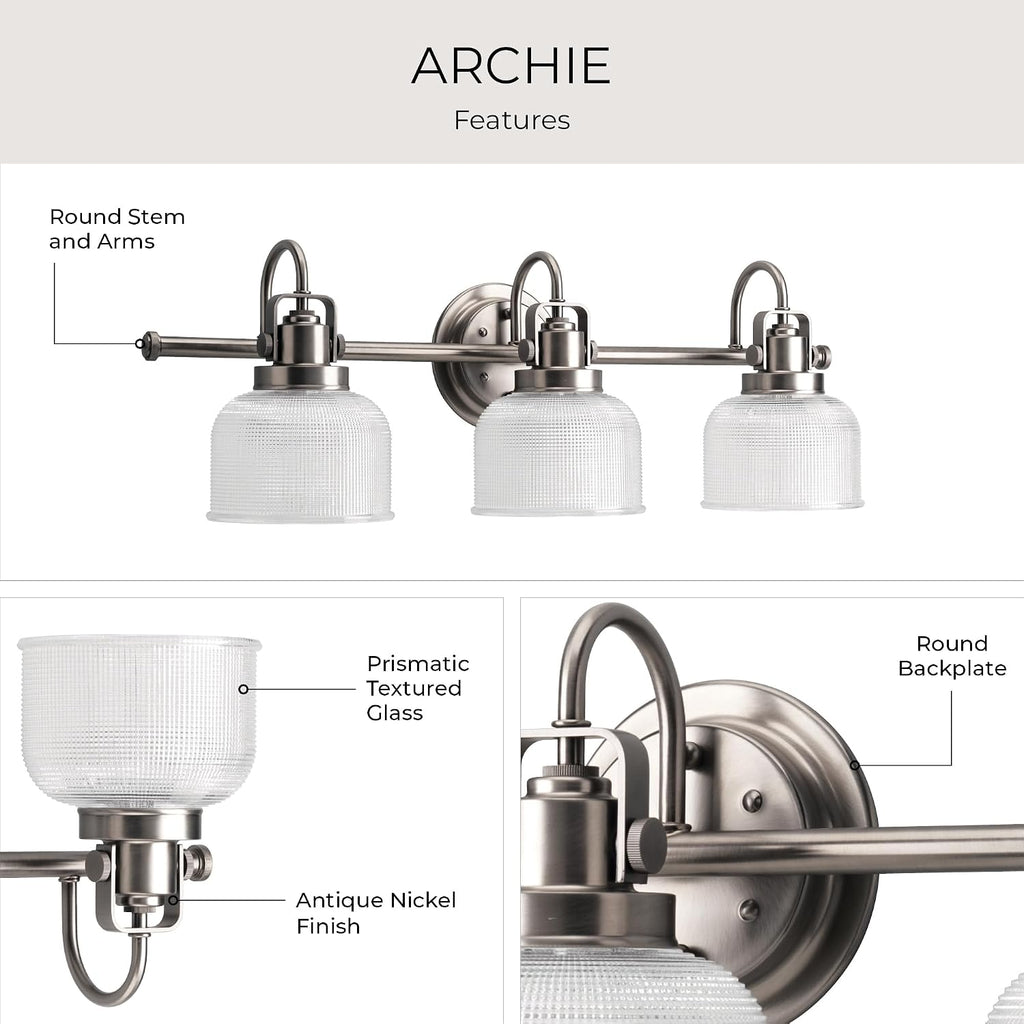 Progress Lighting P2992-81 Archie Collection Clear Double Prismatic Glass Coastal Bath Vanity, 3-Light, Antique Nickel