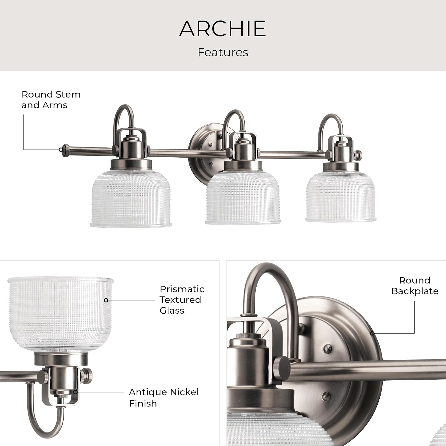 Progress Lighting P2992-81 Archie Collection Clear Double Prismatic Glass Coastal Bath Vanity, 3-Light, Antique Nickel