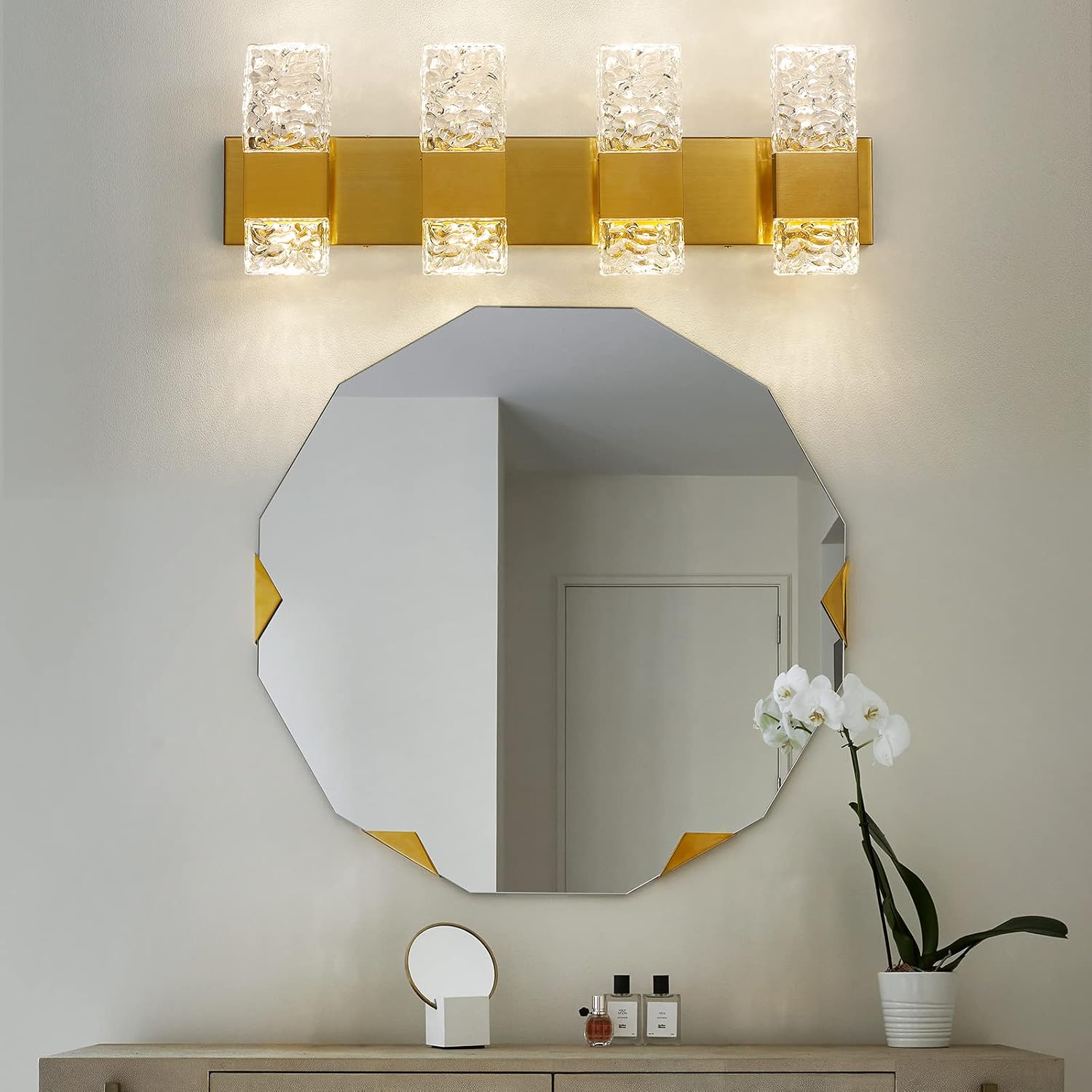 Epinl Gold Bathroom Vanity Light Fixtures - Brushed Gold Vanity Light Bathroom Lighting Fixtures Over Mirror 40W Dimmable Crystal Wall Sconces 4 Light LED Modern Bathrooms Lights 4000K