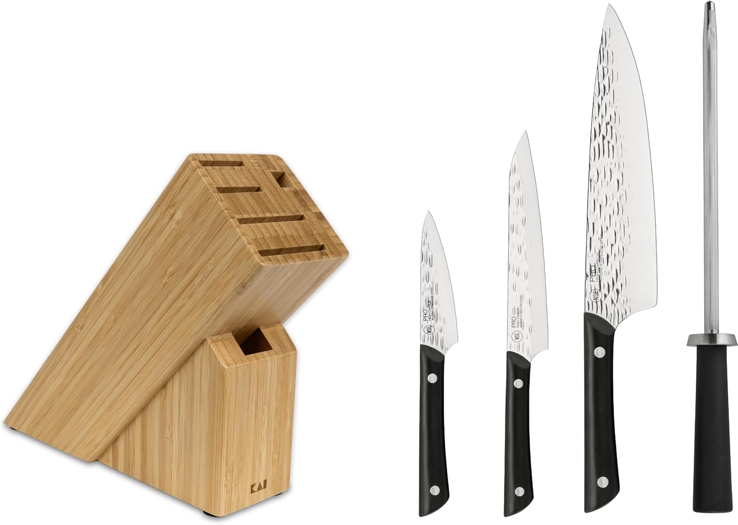 Kai PRO 5 Piece Slimline Block Set, Includes 8' Chef, 3.5' Paring and 6' Utility Knives, Knife Block Set, Japanese AUS6M Stainless Steel Blades, Full-Tang POM Handles