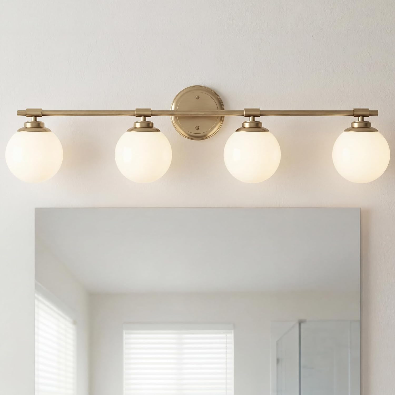 Kichler Benno 4-Light Bathroom Vanity Light Fixture with Opal Glass in Champagne Bronze, Modern Wall Mount Over Mirror for Bathroom or Powder Room (8.75' x 34'), 55173CPZ