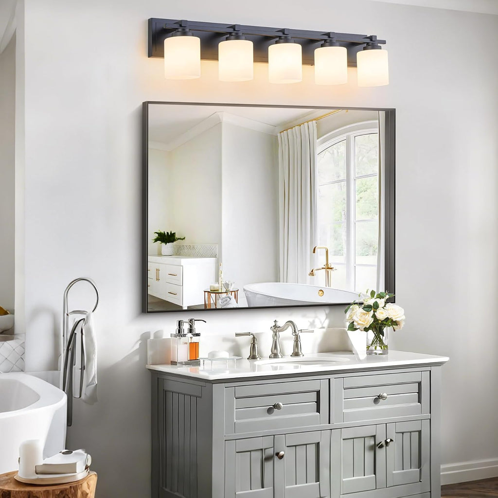 Modern Bathroom Light Fixtures Over Mirror, Vanity Lights for Bathroom Wall Sconces with Milky White Glass Shades, E26 Socket (Bulbs Not Included), 5 Light, Black