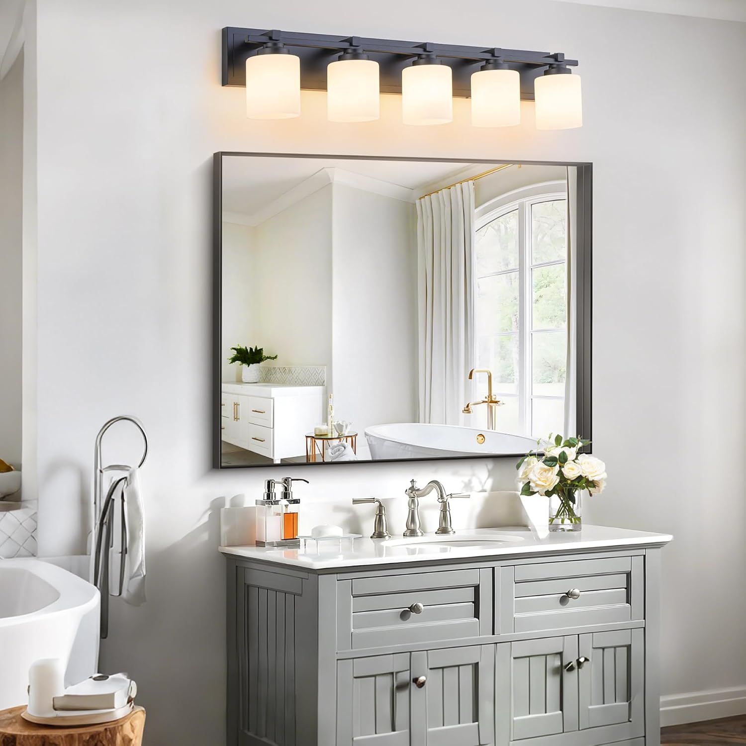 Modern Bathroom Light Fixtures Over Mirror, Vanity Lights for Bathroom Wall Sconces with Milky White Glass Shades, E26 Socket (Bulbs Not Included), 5 Light, Black