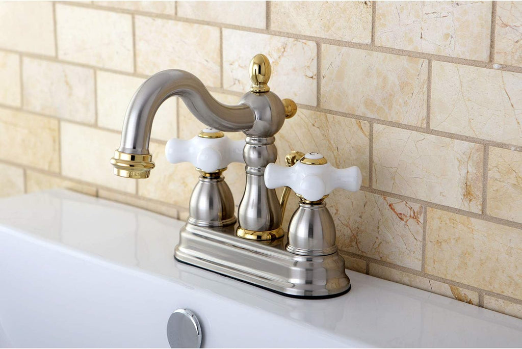 Kingston Brass KB1609PX Heritage 4' Centerset Lavatory Faucet Porcelain Cross Handle, Brushed Nickel/Polished Brass
