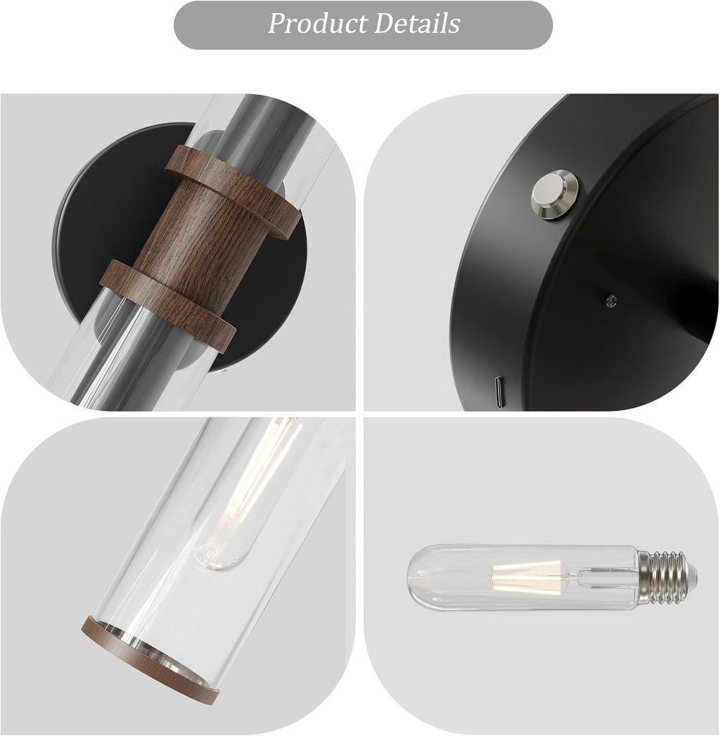 Rayogale Black & Walnut Wireless Battery Operated Wall Sconces with Remote | Glass Rechargeable Wall Lights Set of 2 with Timer Function Dimmable for Living Room Bedroom Emergency 3000K, 20.5 Inch