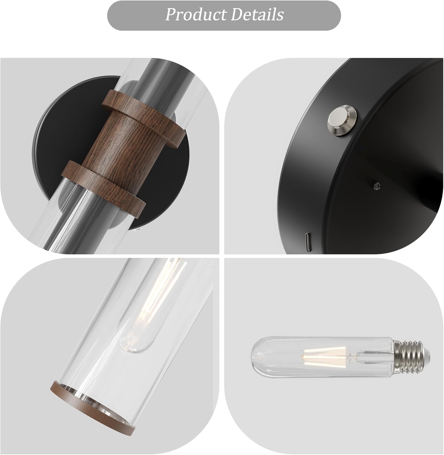 Rayogale Black & Walnut Wireless Battery Operated Wall Sconces with Remote | Glass Rechargeable Wall Lights Set of 2 with Timer Function Dimmable for Living Room Bedroom Emergency 3000K, 20.5 Inch