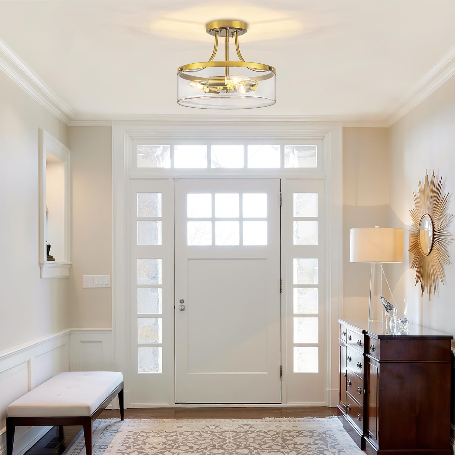 Brushed Gold Semi Flush Mount Ceiling Light, 11.81' Kitchen Lighting Fixtures Ceiling with Glass Shade, 3-Light Modern Hallway Light Fixtures for Entryway Bedroom Bathroom Foyer Laundry Dining Room
