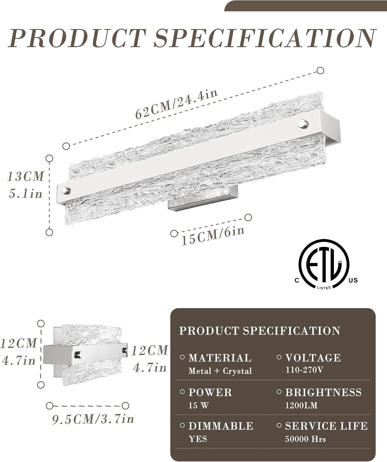 Brushed Nickel LED Bathroom Vanity Light, 24.4 Inch 15W Modern Dimmable Bathroom Light Fixture Over Mirror, Crystal Bar Wall Sconce Lighting for Bath, 3CCT, OS-MM5001-3BN