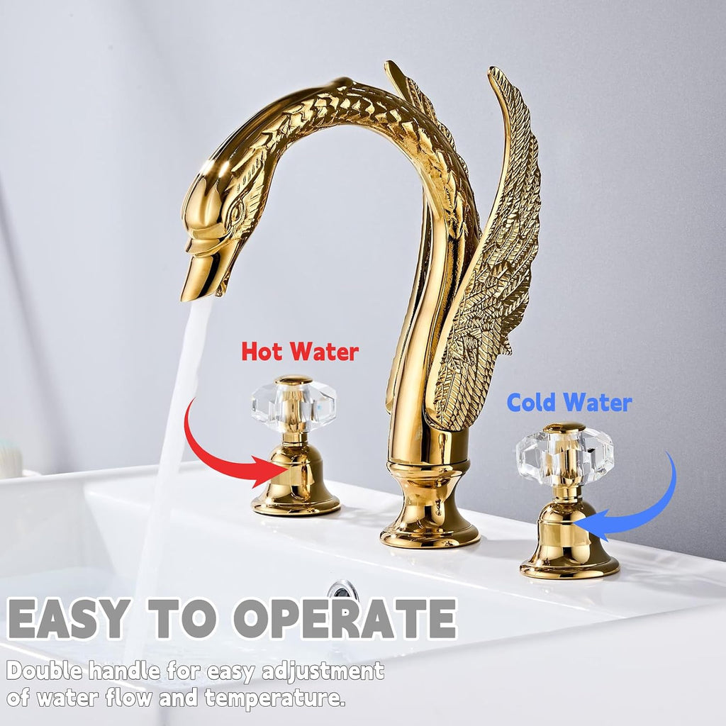 Golden Ornate Swan Style Bathroom Sink Faucet Combo Deck Mount Sink Mixer Tap Set Hot Cold Water