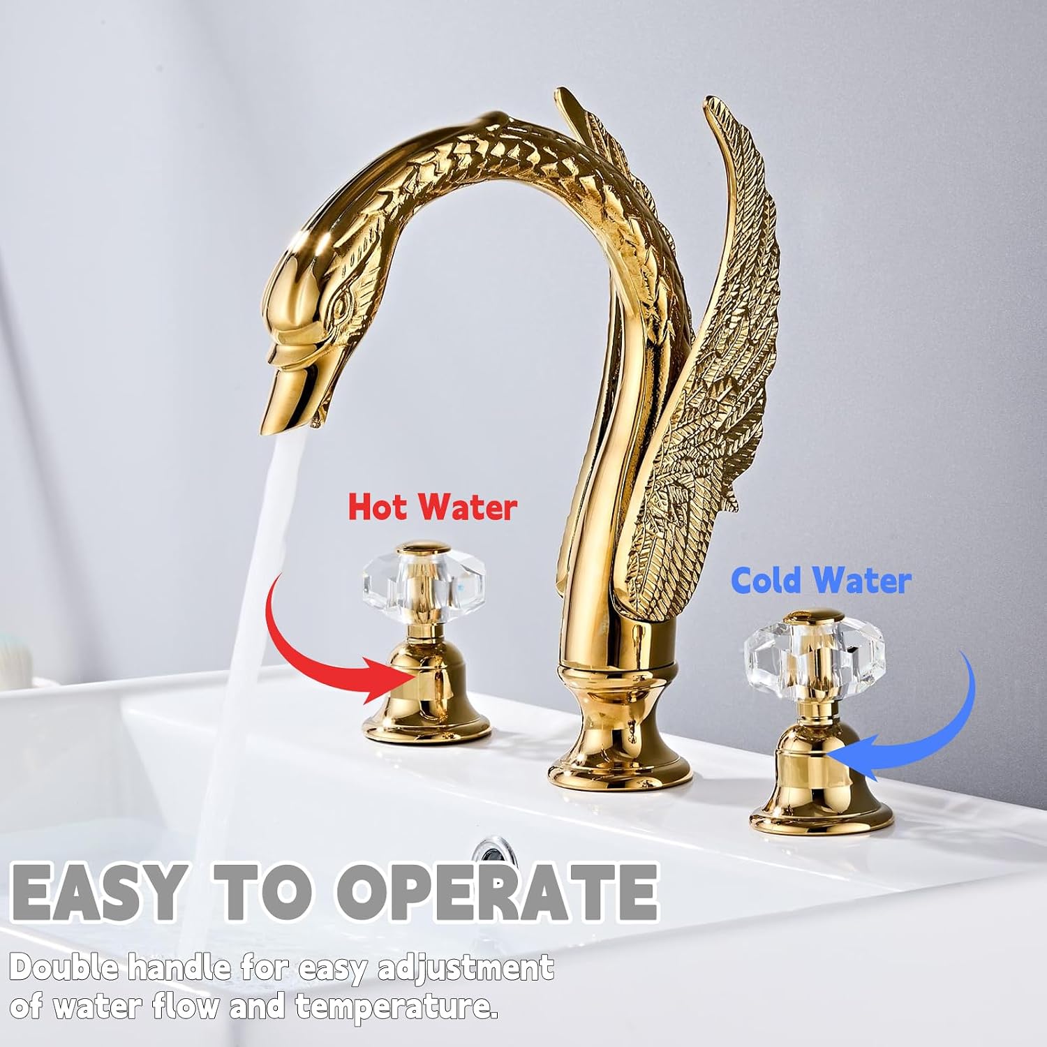Golden Ornate Swan Style Bathroom Sink Faucet Combo Deck Mount Sink Mixer Tap Set Hot Cold Water