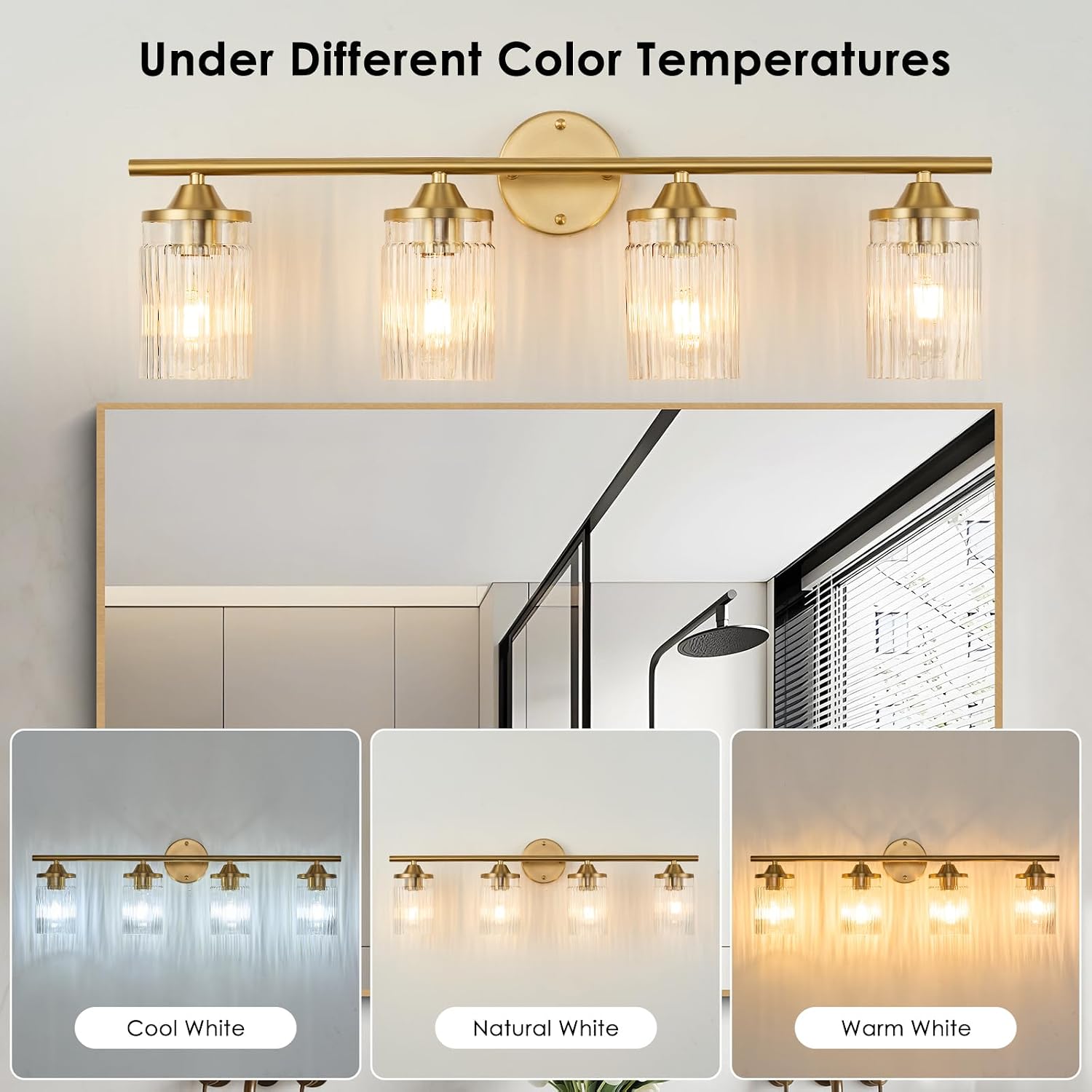 Jonsi Gold Bathroom Light Fixtures 4-Light Vanity Lights Modern Wall Sconce with Clear Glass Shade Brushed Brass Bathroom Light Fixture Over Mirror for Bedroom Hallway Kitchen