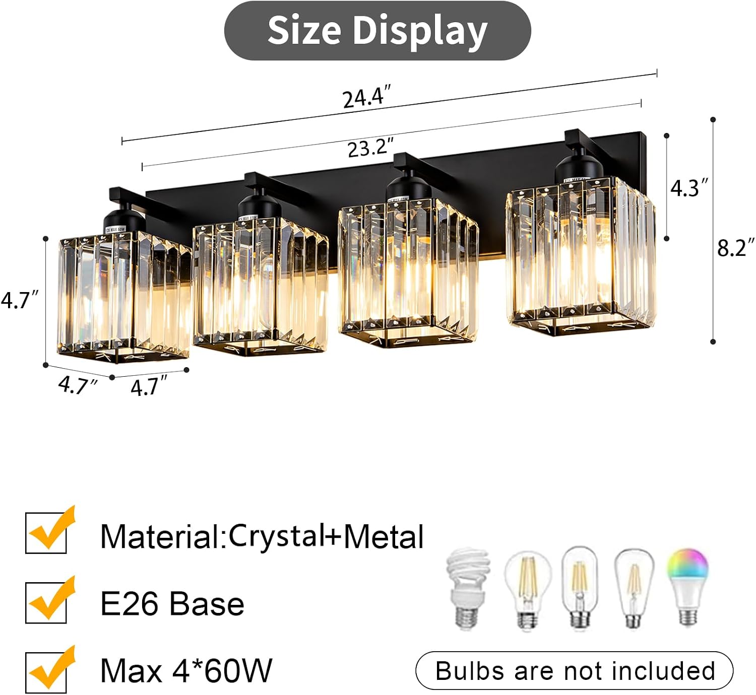 Modern Crystal Bathroom Vanity Light 4-Lights Modern Black Crystal Bathroom Wall Light Fixtures Over Mirror