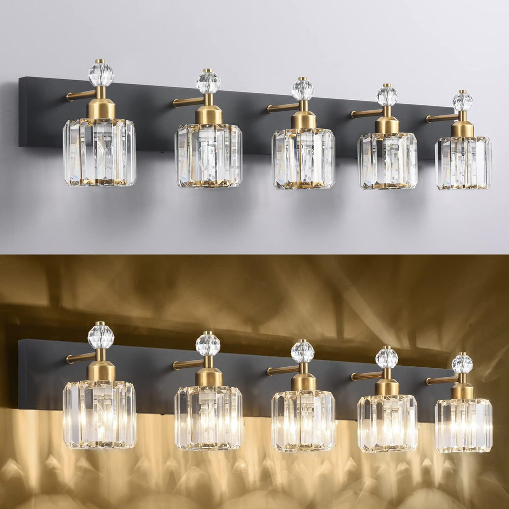PRESDE 5-Light Crystal Bathroom Vanity Light, Modern Black and Gold Wall Sconce ， Wall Lamp for Over Mirror Bedroom Hallway