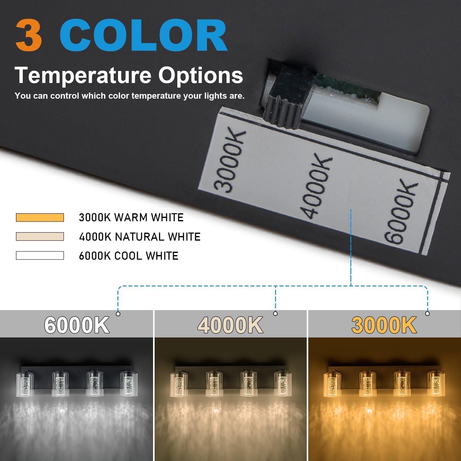 SineRise Black Vanity Light (4-Light, 24-Inch), (3000K/4000K/6000K, Dimmable), Eye Protection LED Bathroom Light Fixture, Modern Wall Light Over Mirror with Clear Glass Shade