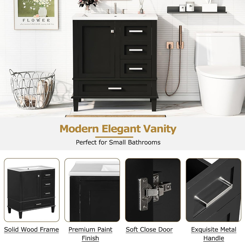 Merax 30' Black Bathroom Vanity with Sink Combo Set, Modern Storage Cabinet with a Soft Closing Door and 3 Drawers