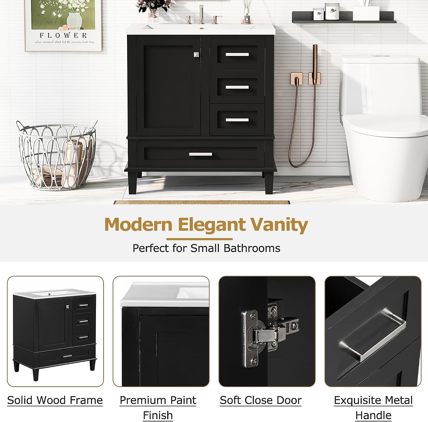 Merax 30' Black Bathroom Vanity with Sink Combo Set, Modern Storage Cabinet with a Soft Closing Door and 3 Drawers