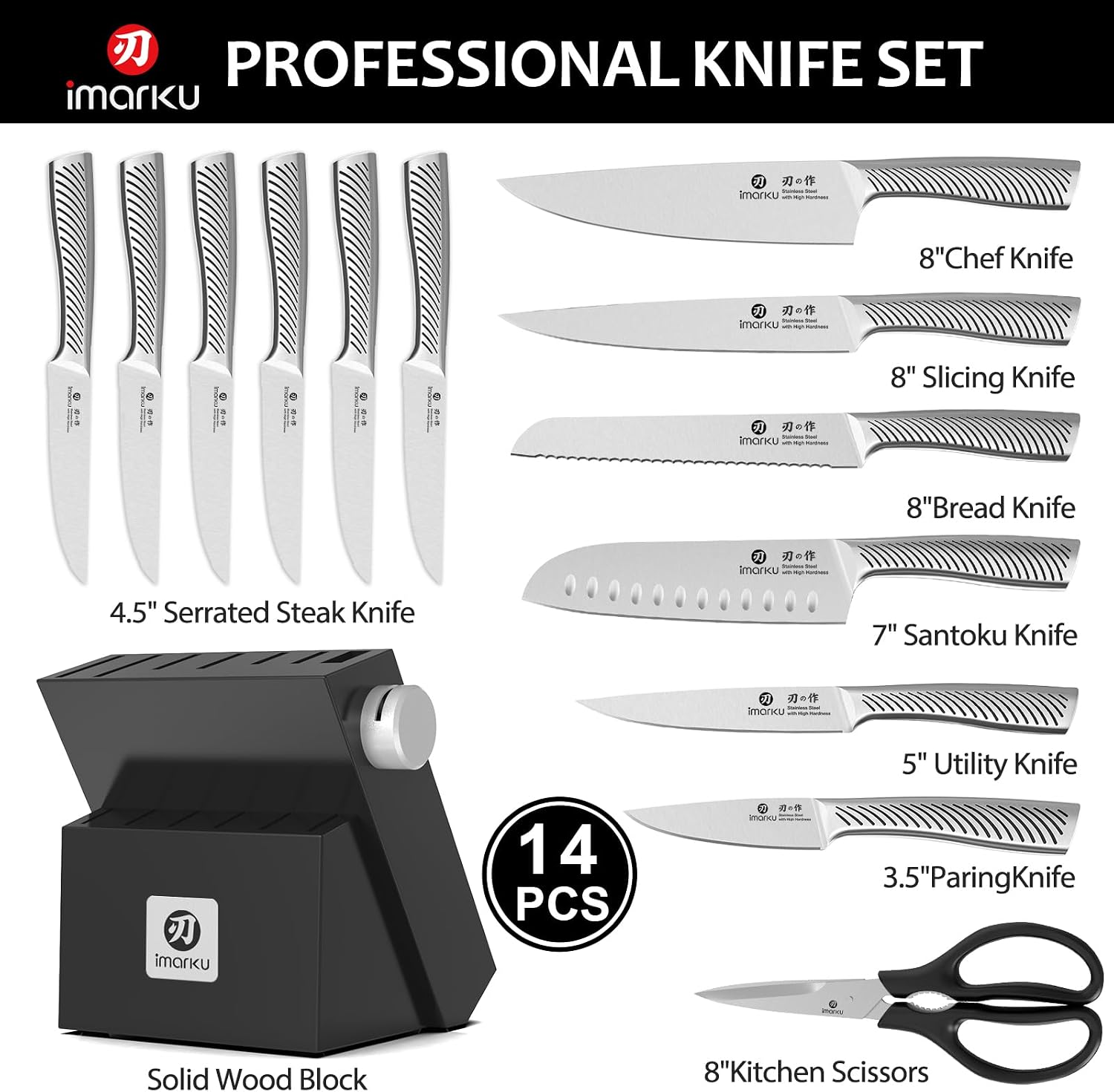 imarku 14-Piece Knife Block Set, Knife Set with Block and Build-in Sharpener, Japanese Stainless Steel Knife Set for Lasting Sharpness, Dishwasher Safe, Black