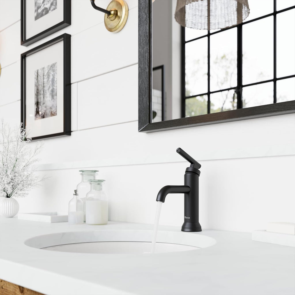 Pfister Capistrano Single Handle Bathroom Sink Faucet 1 Hole Matte Black Vanity Faucet with Push & Seal Drain NSF Certified Water-Efficient TiteSeal Technology LF042CSOSDB