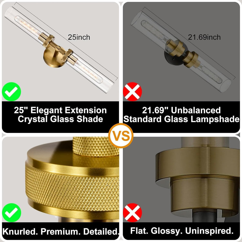 2-Pack Bathroom Vanity Light Fixtures – Modern 2-Light Gold Wall Sconces with Knurled Texture, Clear Glass Shades, Horizontal or Vertical Hardwired Mount, Bathroom Lighting Fixtures Over Mirror