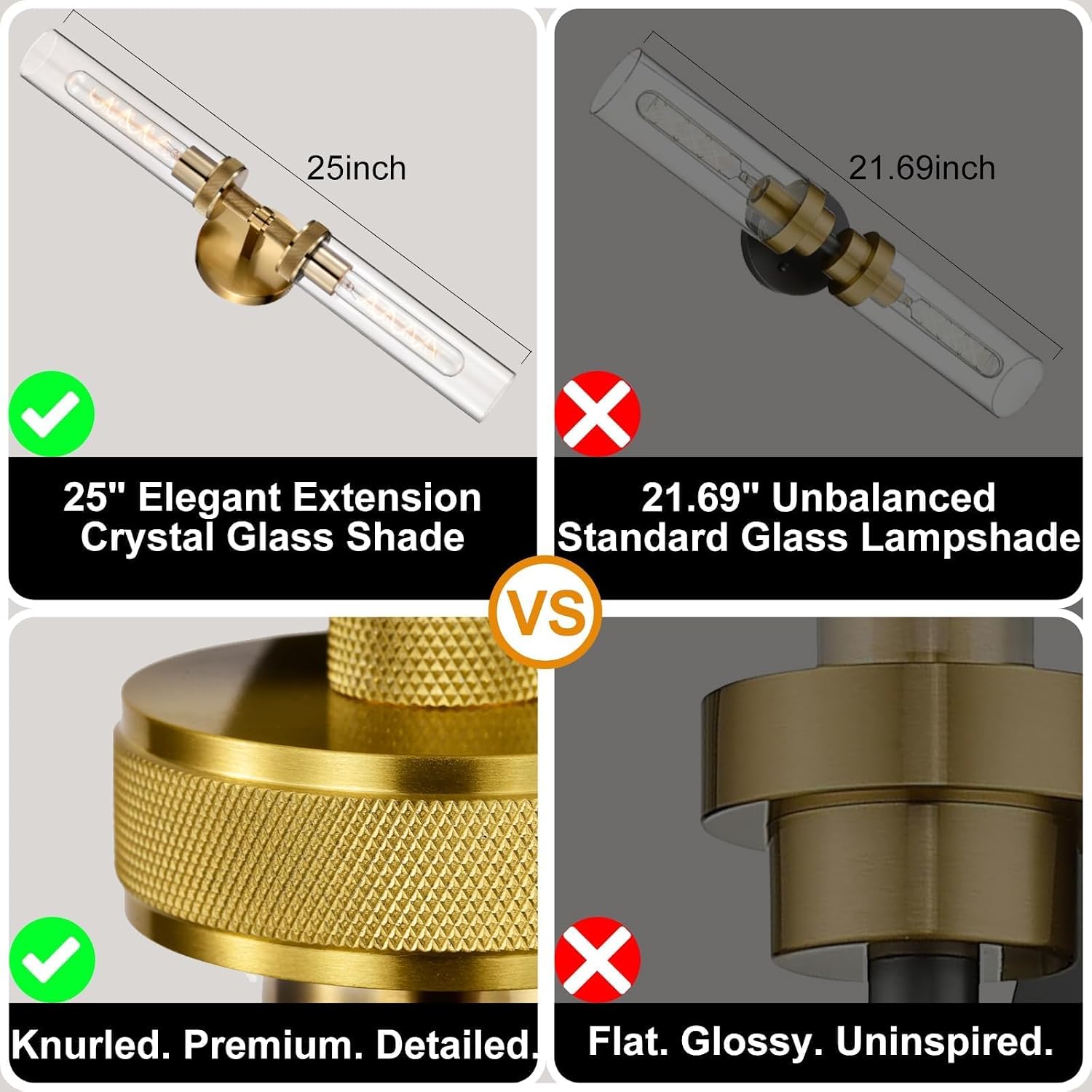 2-Pack Bathroom Vanity Light Fixtures – Modern 2-Light Gold Wall Sconces with Knurled Texture, Clear Glass Shades, Horizontal or Vertical Hardwired Mount, Bathroom Lighting Fixtures Over Mirror