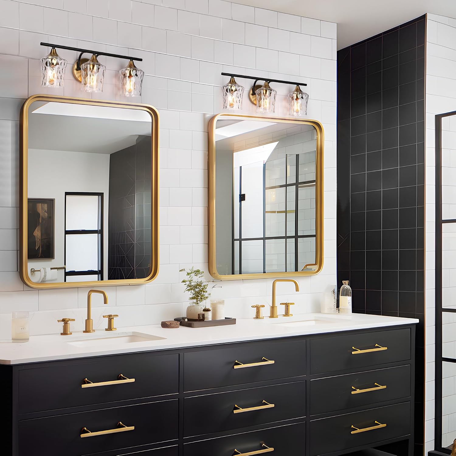 KSANA Black and Brass Vanity Light, Modern Black Gold Bathroom Light Fixtures with Water Textured Glass Shade, 3-Light Bathroom Lighting Over Mirror