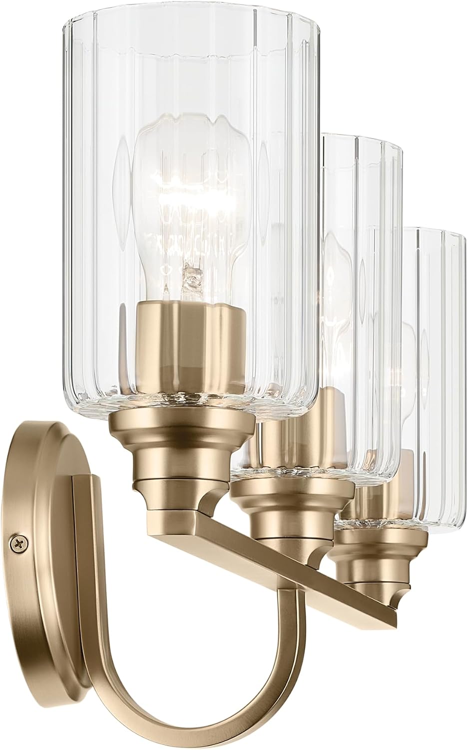 Kichler Gioe 24.25' 3-Light Bathroom Vanity Light Fixture with Clear Fluted Glass in Champagne Bronze, Damp Rated for Mirror, Powder Room (24.25' W x 10.5' H), 55226CPZFLU