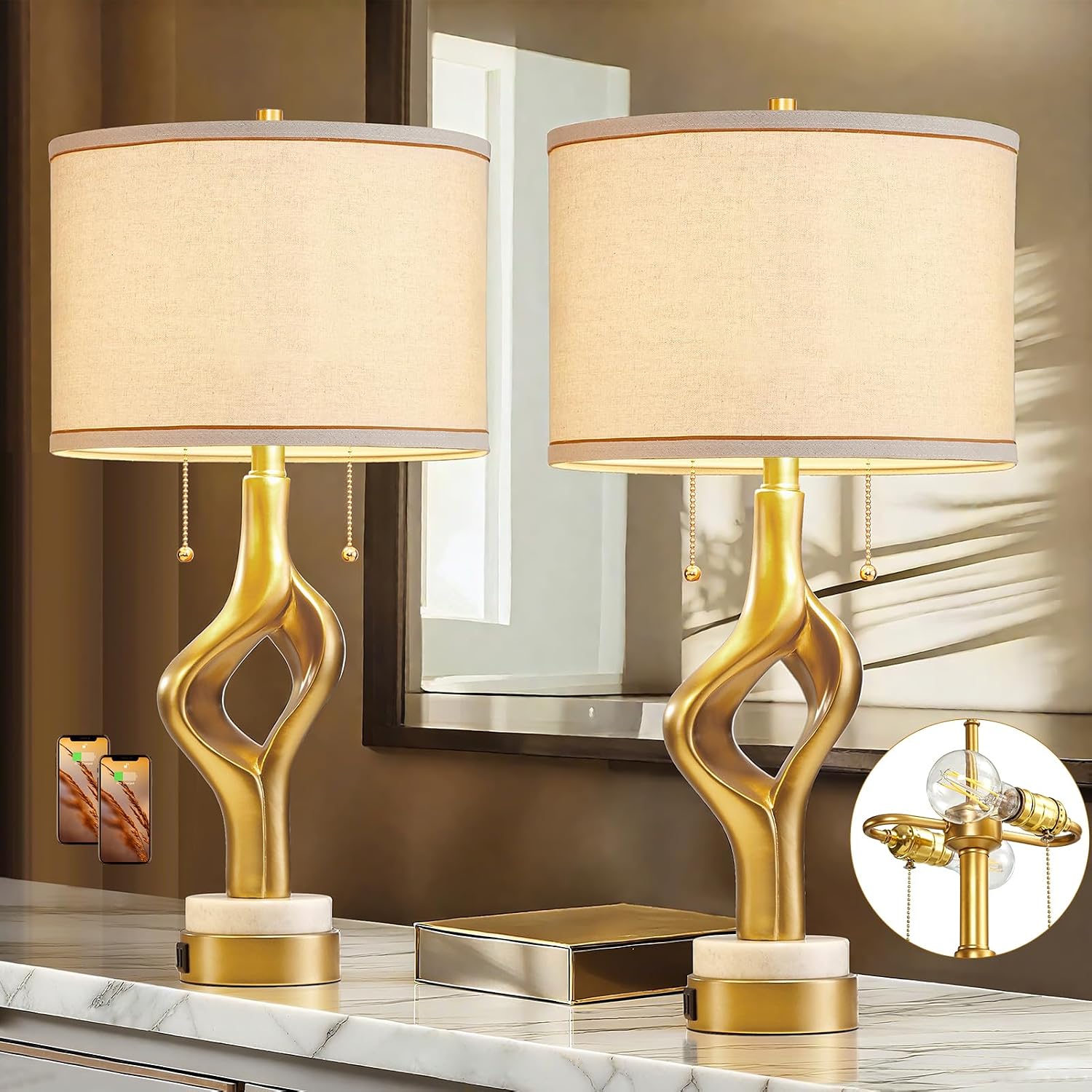 26' Modern Table Lamp Set of 2 for Living Room Bedroom, Gold Sculptural Table Lamp with 2 USB Ports, Resin Desk Lamps Marble Base with Double Pull Chains for Bedside End Tables, Bulb Included