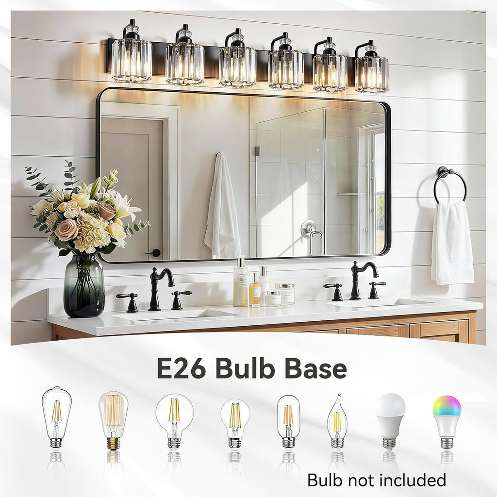 6-Light Black Bathroom Light Fixtures Over Mirror Modern Vanity Lights Crystal Wall Sconce Vintage Bathroom Lighting with Crystal Shade E26 Base for Bedroom, Living Room, Hallway