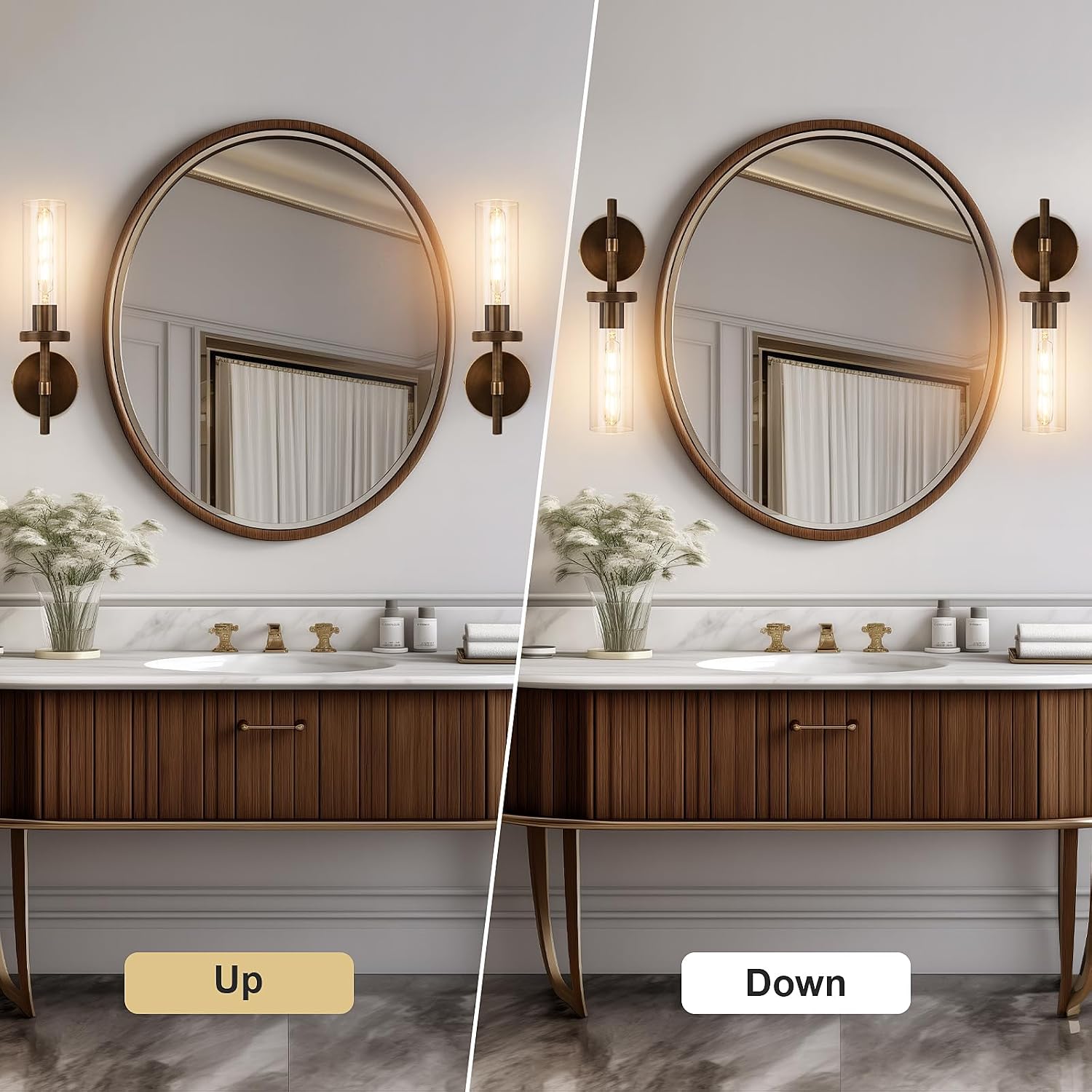 15' Knurled Brass Wall Sconces Set of 2, Bronze Bathroom Vanity Light Fixtures with Clear Glass Tube, Modern Lamp Lighting for Bedroom, Living Room, Hallway, Staircase, Mirror, Kitchen