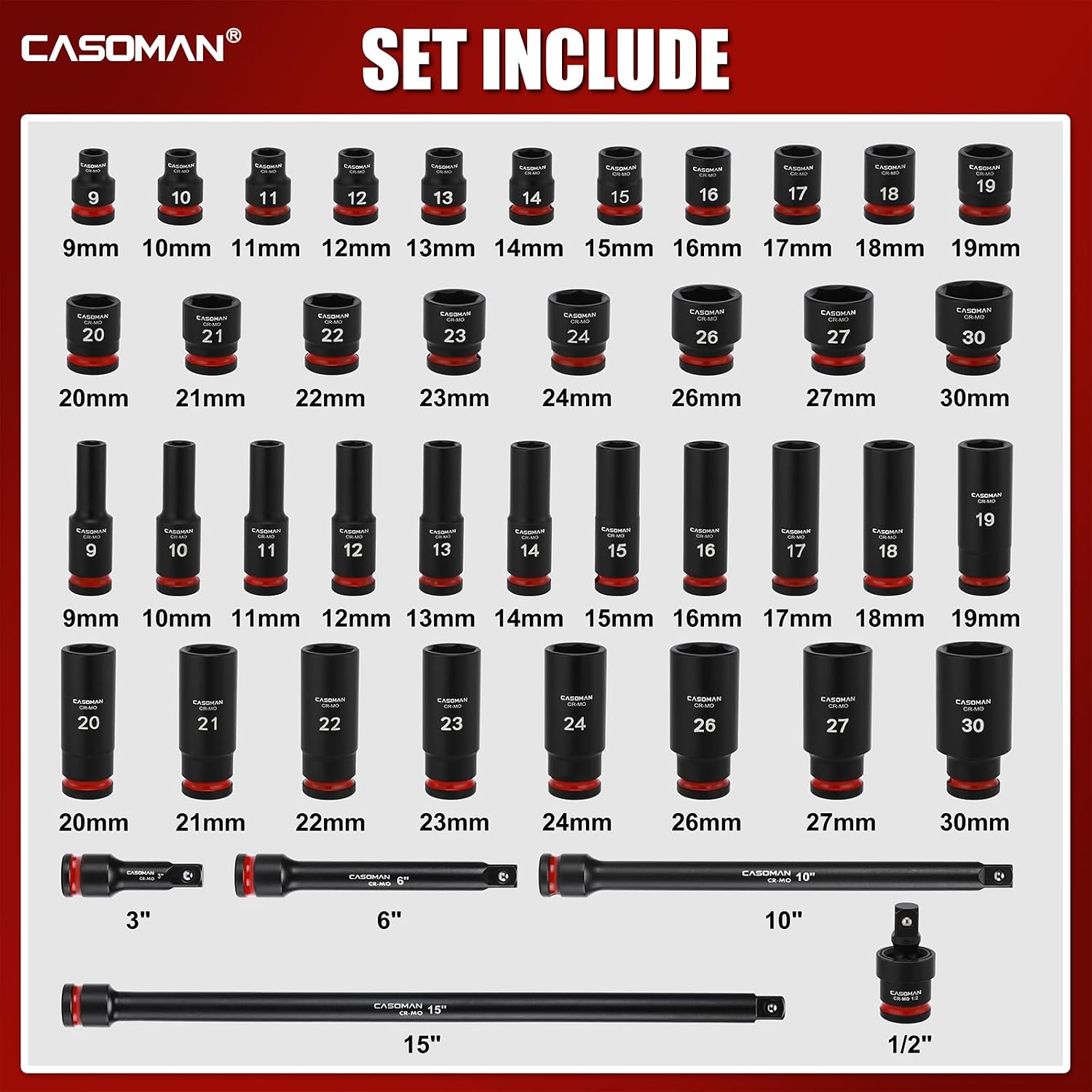CASOMAN 43-Piece 1/2' Drive Master Impact Socket Set, Deep and Standard, 6-Point, Metric, 9mm - 30mm, CR-MO Steel, Impact Universal Joint & Extension Bars, with Storage Case