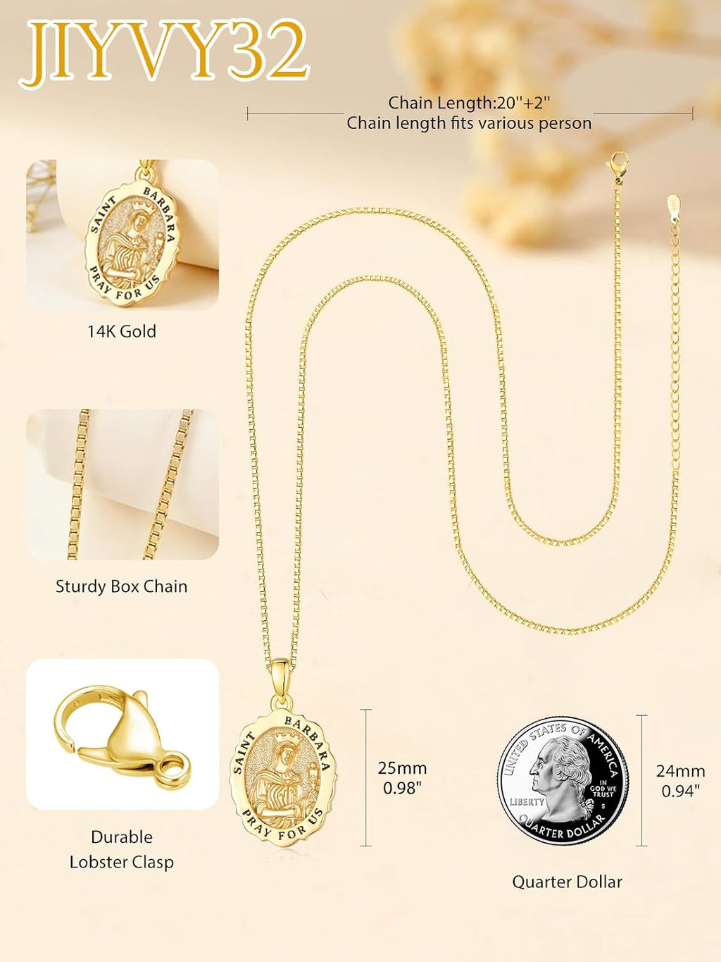 14K Gold Saint Medal Necklace for Women, Catholic Patron Saint Pendant Necklace, Christian Religious Jewelry Gift for Confirmation Baptism Communion Christmas Birthday