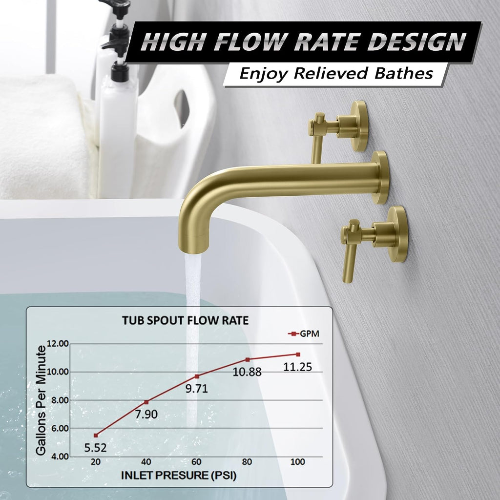 SUMERAIN Wall Mount Tub Faucet Brushed Gold Bathtub Faucet 3 Hole Tub Filler with Rough in Valve