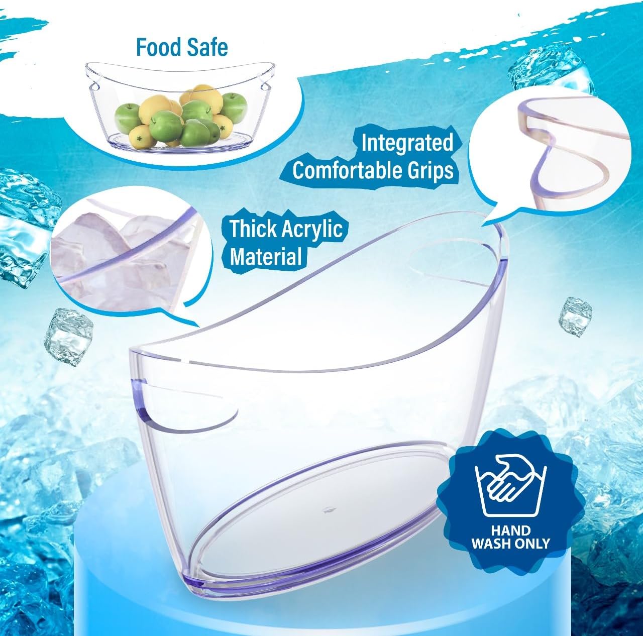 Ice Bucket - Ice Buckets for Parties - Clear Acrylic Champagne Bucket with Easy-to-Carry Handles - Long and Narrow 5.5 Liter Clear Bucket - Fits 3 Wine / 5 Beer Bottles (8)