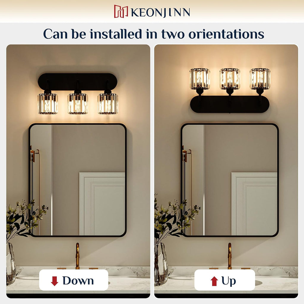 Keonjinn 4-Light Bathroom Light Fixtures, Crystal Black Bathroom Vanity Lights Over Mirror, Vanity Lighting Fixtures with Crystal Square Shades (E26 Socket, Exclude Bulb)