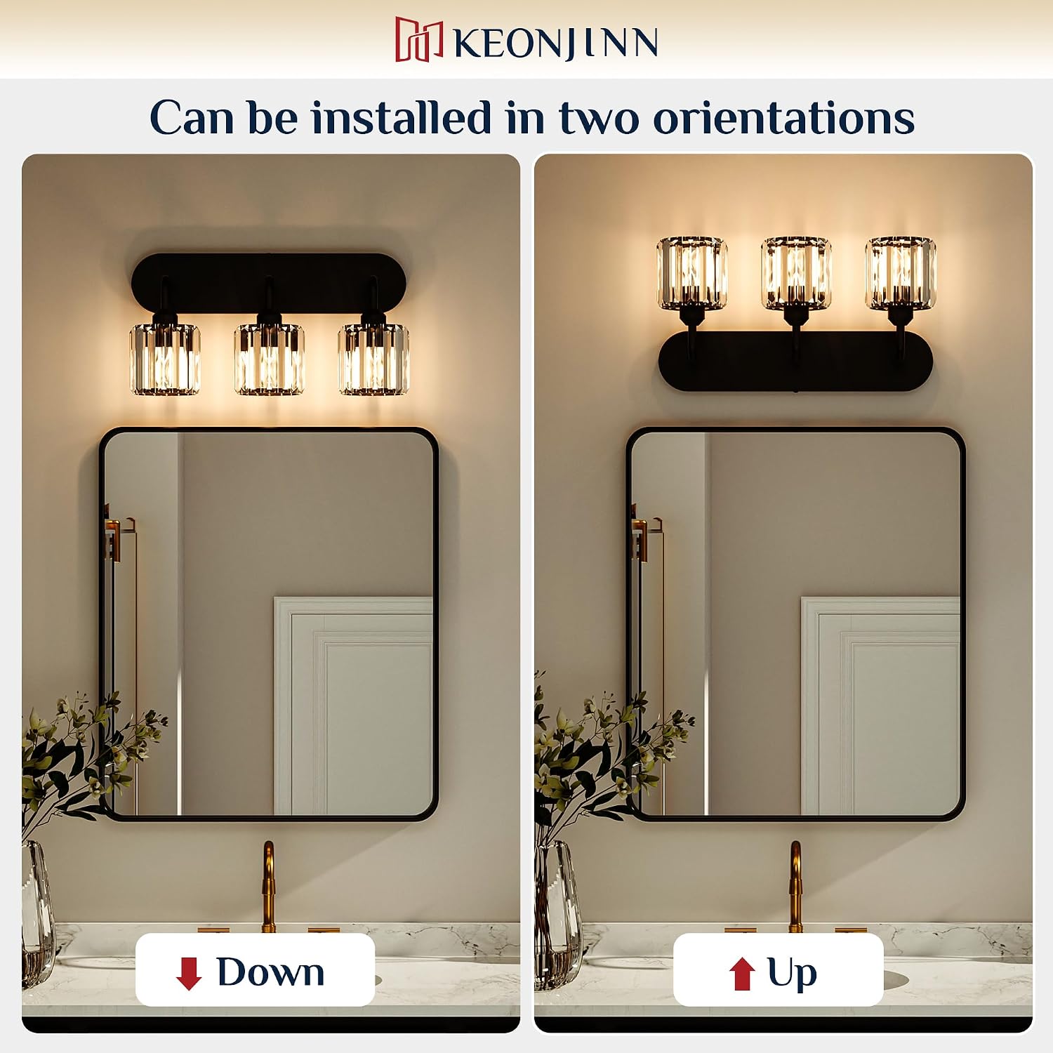 Keonjinn 4-Light Bathroom Light Fixtures, Crystal Black Bathroom Vanity Lights Over Mirror, Vanity Lighting Fixtures with Crystal Square Shades (E26 Socket, Exclude Bulb)