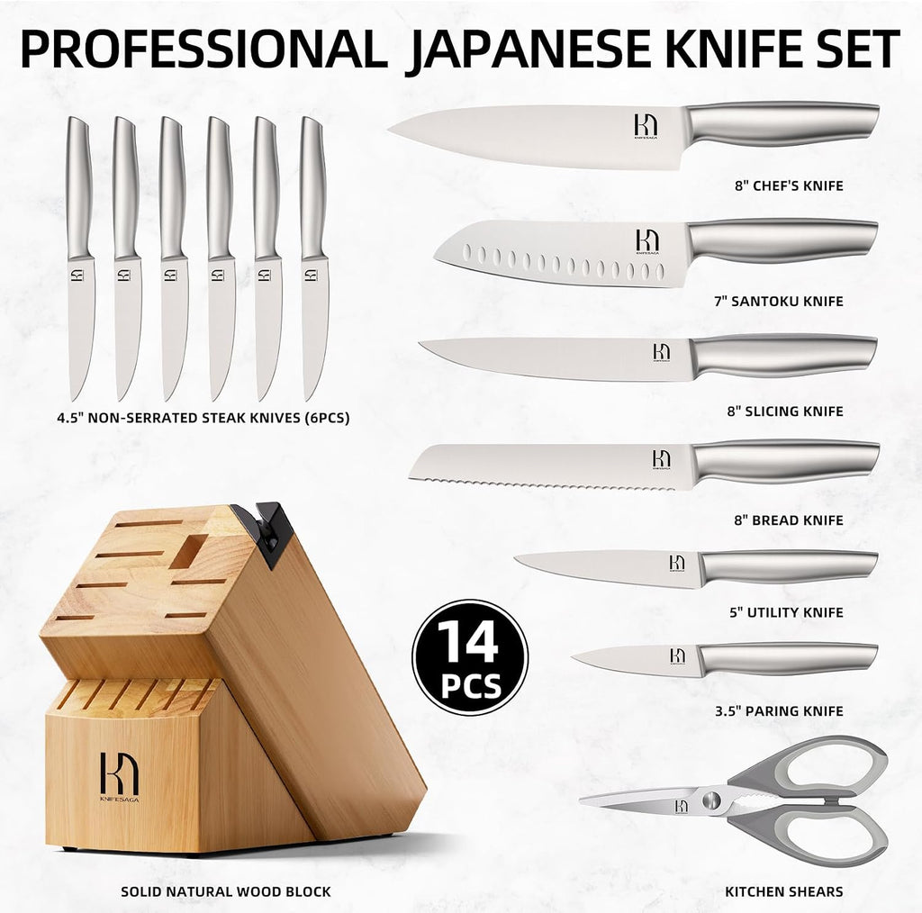 KnifeSaga Knife Set, Premium Knife Block Set for Kitchen 14 Pcs UltraSharp Japanese High Carbon Stainless Steel with Block and Built-in Sharpener, Kitchen Knives Set with Non-serrated Steak Knives