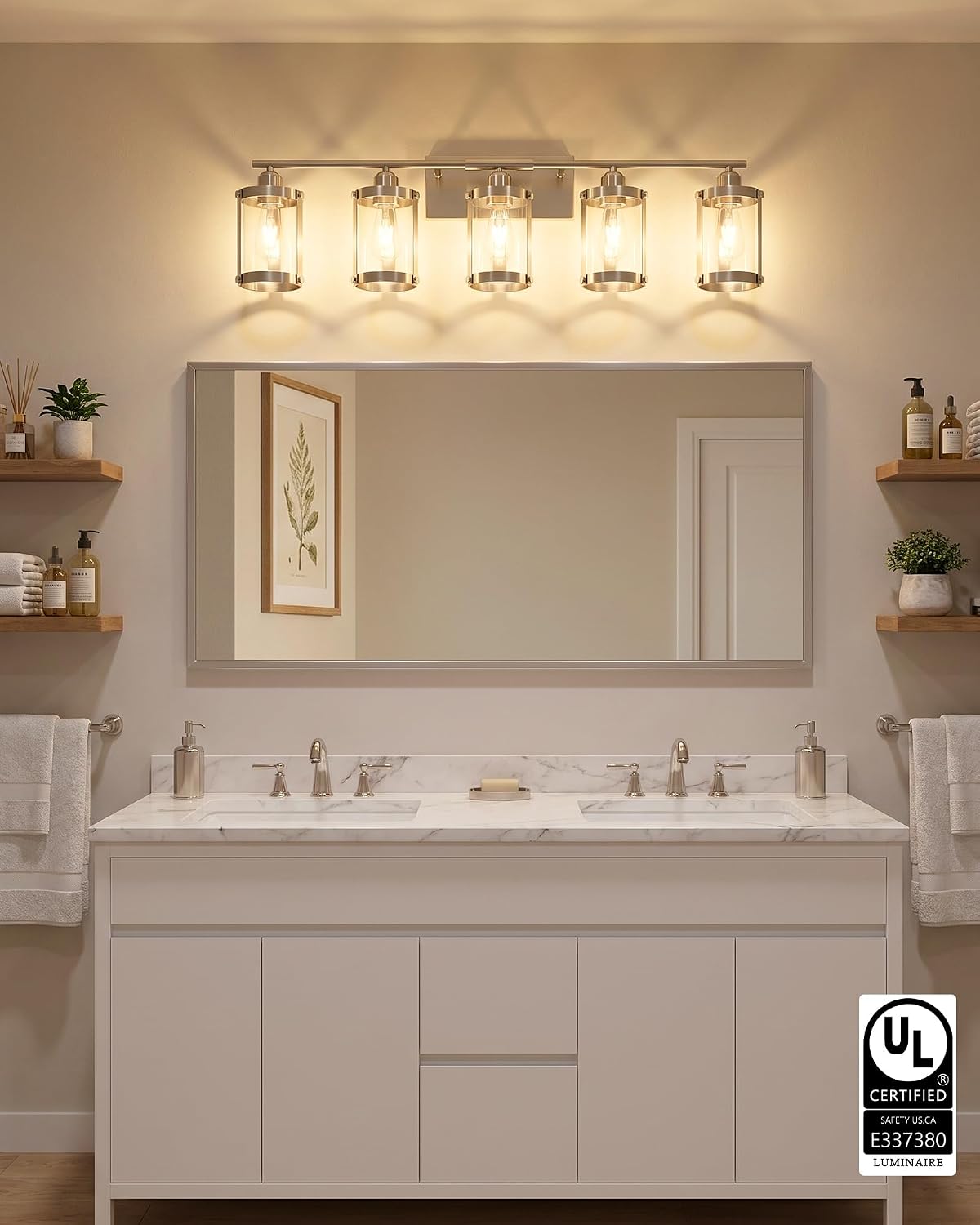 5-Light Brushed Nickel Bathroom Light Fixtures Over Mirror with Clear Glass and Metal Cage Shade, 38' UL-Listed Modern Farmhouse Wall Sconce for Bath, Hardwire E26, OS-3014BN-5W